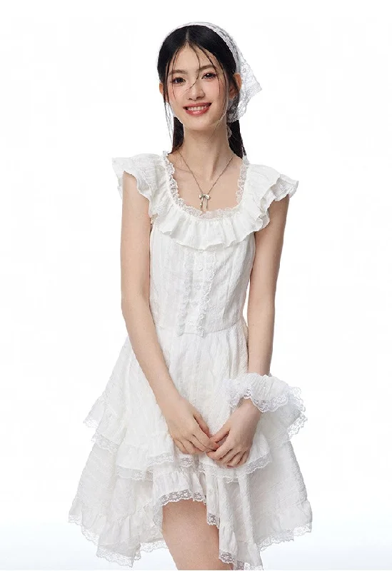 Ruffle Irregular Lace Textured White Dress NTO0092 Pencil Office Professional