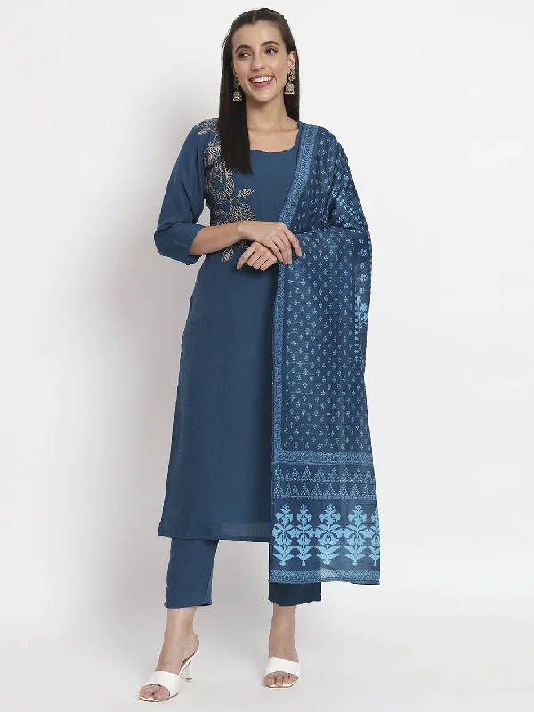 Blue Designer Readymade Pant Suit With Printed Work Relaxed Linen Pants