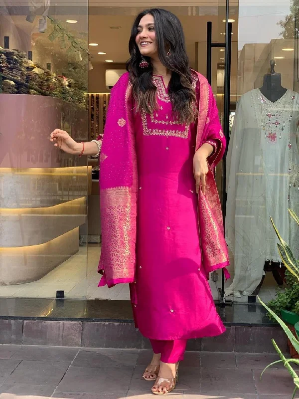 Rani Pink Trendy Designer Readymade Pant Suit With Embroidery Work Comfortable Jogger Trousers