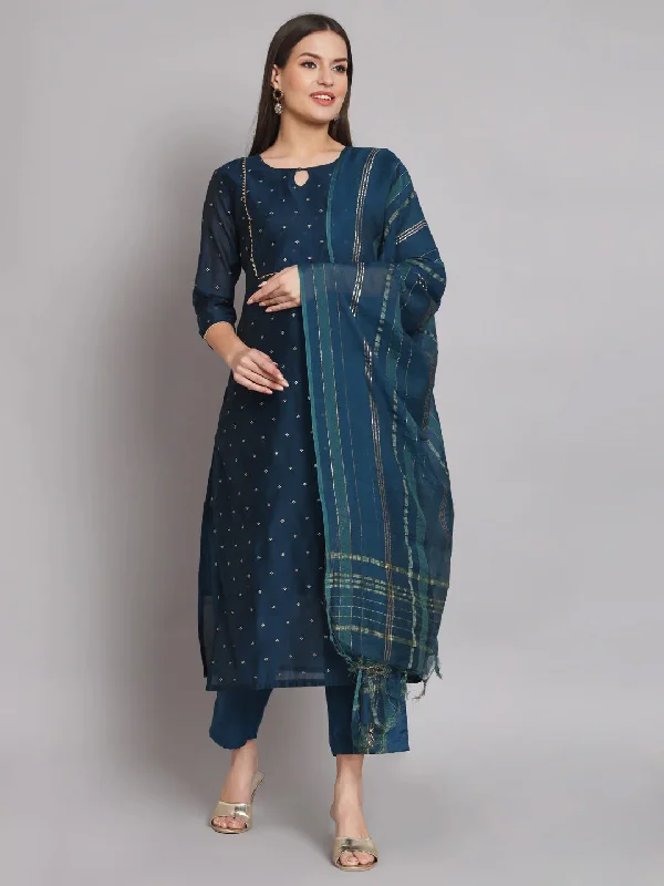 Navy Blue Trendy Elementary Designer Readymade Pant Suit With Embroidery Work Relaxed Linen Pants