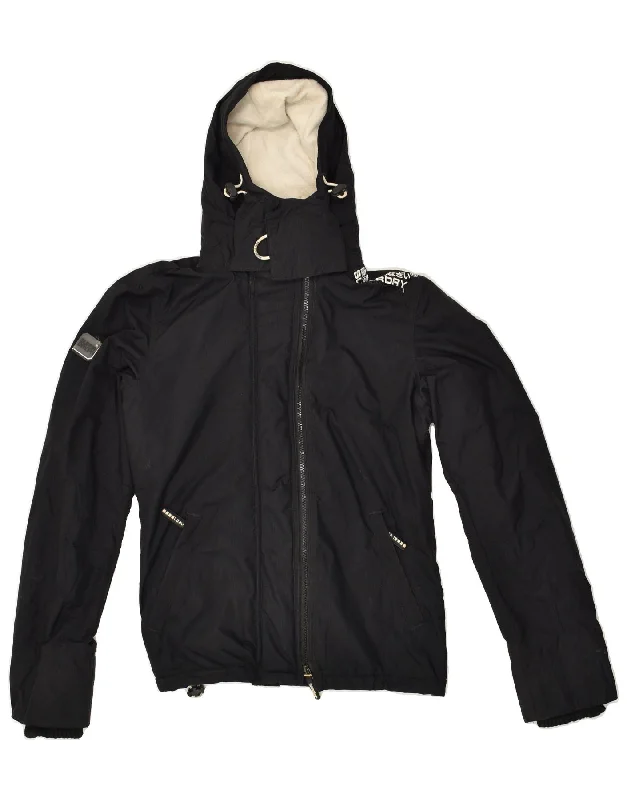 SUPERDRY Womens Hooded Windbreaker Jacket UK 14 Medium Black Nylon Front Pockets Side Pockets Patch Pockets