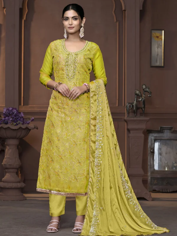 Lime Party Wear Readymade Pant Suit With Pojishan Embroidery Hand Work Lightweight Linen Pants