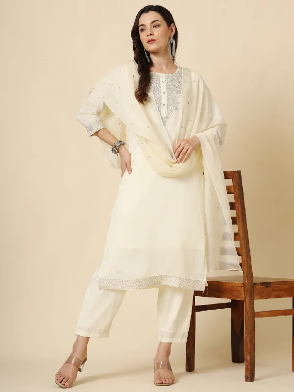 Cream Designer Redaymade Pant Suit With Embroidery Work Comfortable Wide-Leg Pants
