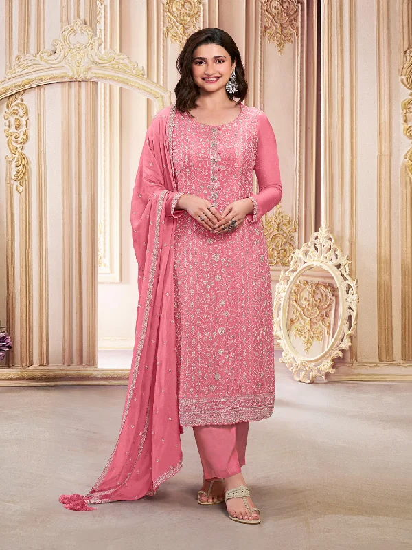 Pink Designer Heavy Semi-Stitched Pant Suit With Embroidery Sequence Work Elegant Wool Trousers