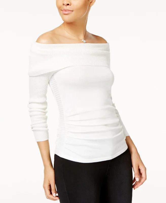 Hooked Up By Iot Juniors Off The Shoulder Ruched Sweater Transparent Opaque Sheer