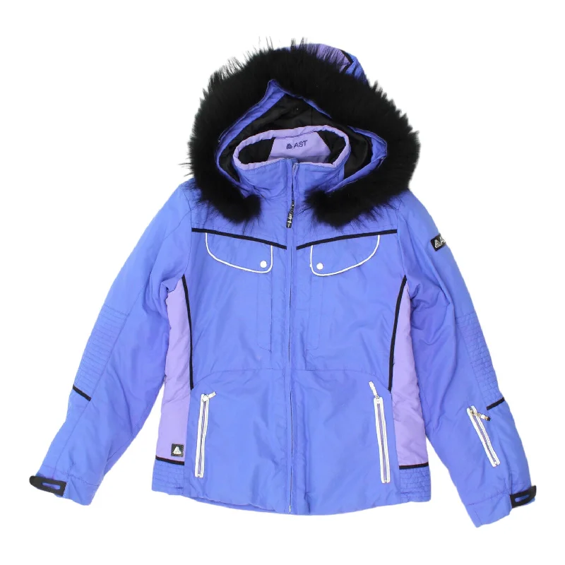 AST Active Sport Team Womens Purple Faux Fur Hooded Ski Jacket | Snow Coat VTG Collared Jacket Crew Neck Jacket Turtle Neck Jacket