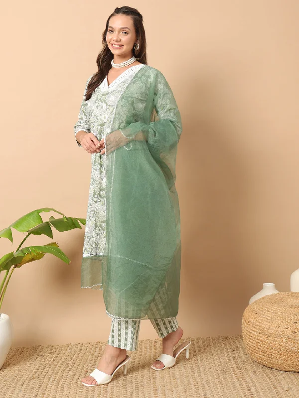 Green Designer Readymade Cotton Pant Suit With Designer Printed Work Trendy Work Pants