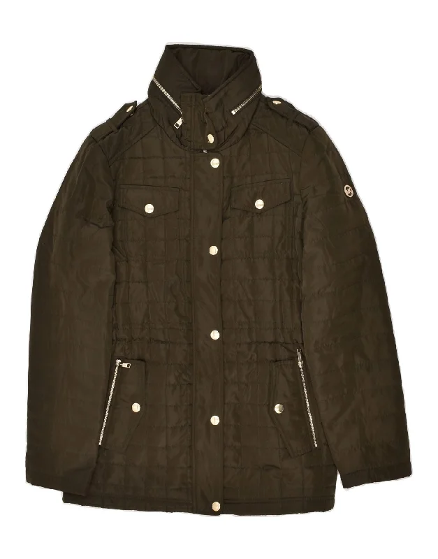MICHAEL KORS Womens Hooded Quilted Jacket UK 10 Small Khaki Polyester Boat Neck Shawl Collar Notched Collar