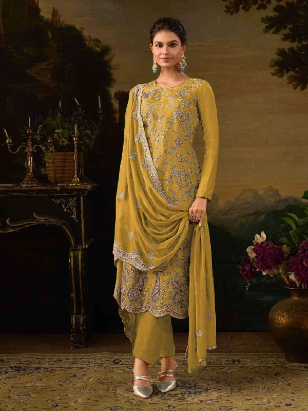 Mustard Traditional Designer Readymade Pant Suit With Embroidery Work Chic Black Leggings