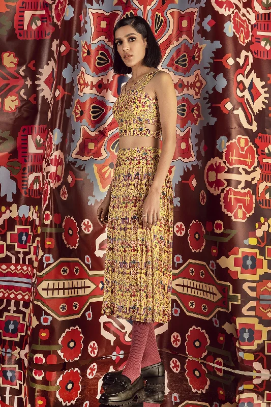 Tabriz Yellow Pleated Midi Skirt In Handloom Organic Cotton Silk asymmetrical skirt cut