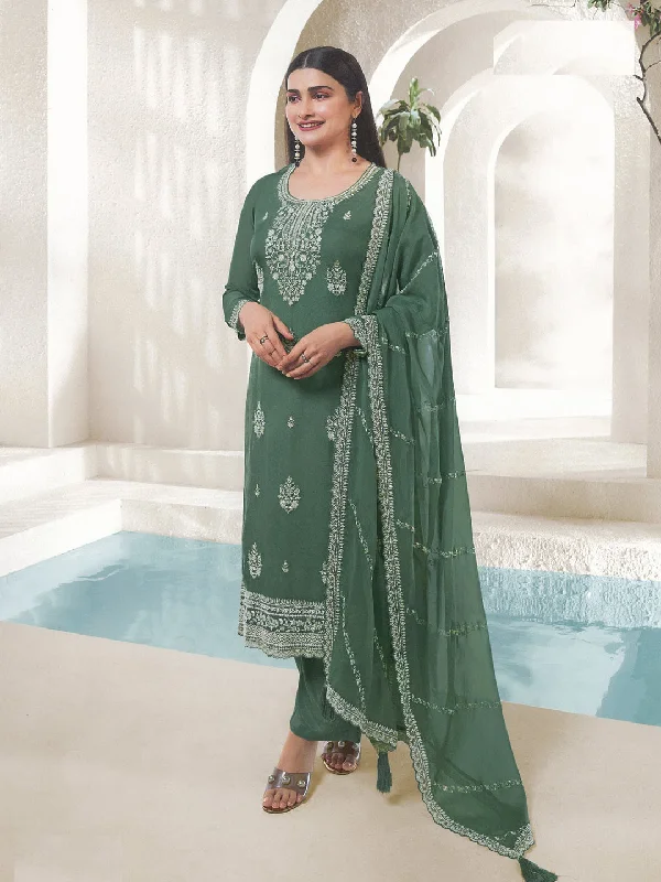 Green Festive Wear Designer Semi-Stitched Pant Suit With Embroidery Work Stylish Casual Pants