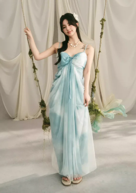 Tie-dye blue long tulle dress BBB0060 Off-the-shoulder Chic Trendy