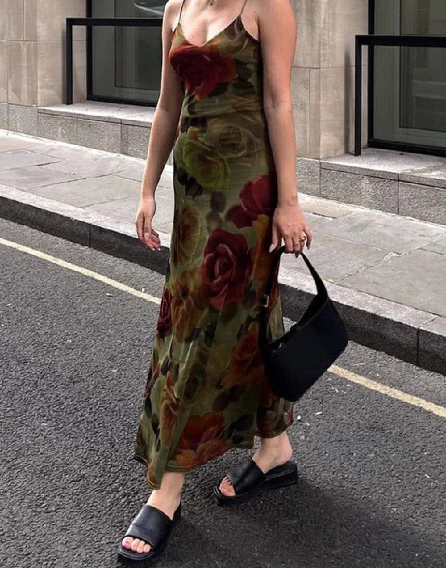 Spaghetti Strap Vintage Floral Printing Chiffon Dress Long Chic Tunics Wedding white