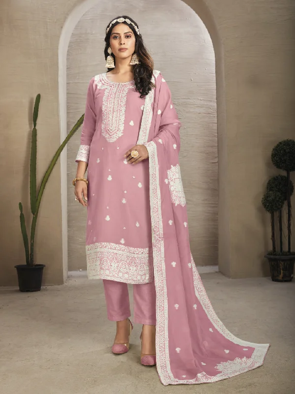 Pink Readymade Organza Pant Suit With Wevon Designer Hand Work Classic Bootcut Trousers