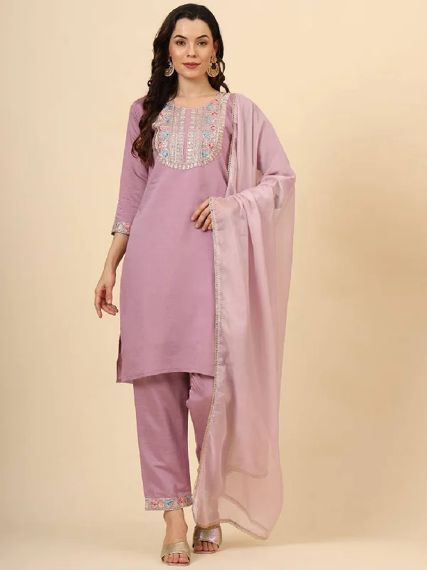Lavender Trendy Designer Readymade Pant Suit With Embroidery Work Soft Cotton Pants
