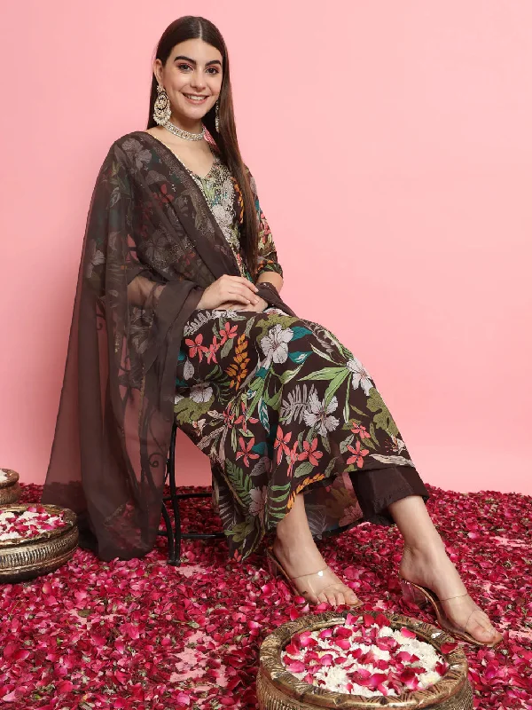 Coffee Premium Designer Readymade Pant Suit With Embroidery Work Trendy Printed Pants