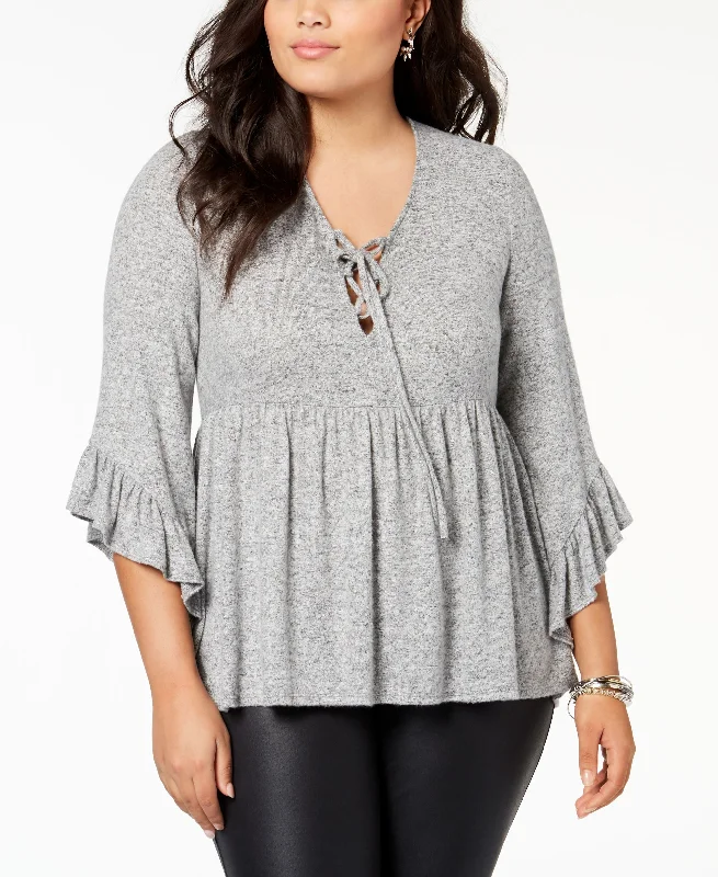 Soprano Trendy Plus Size Lace Up Babydoll Sweater Striped Floral Plaid