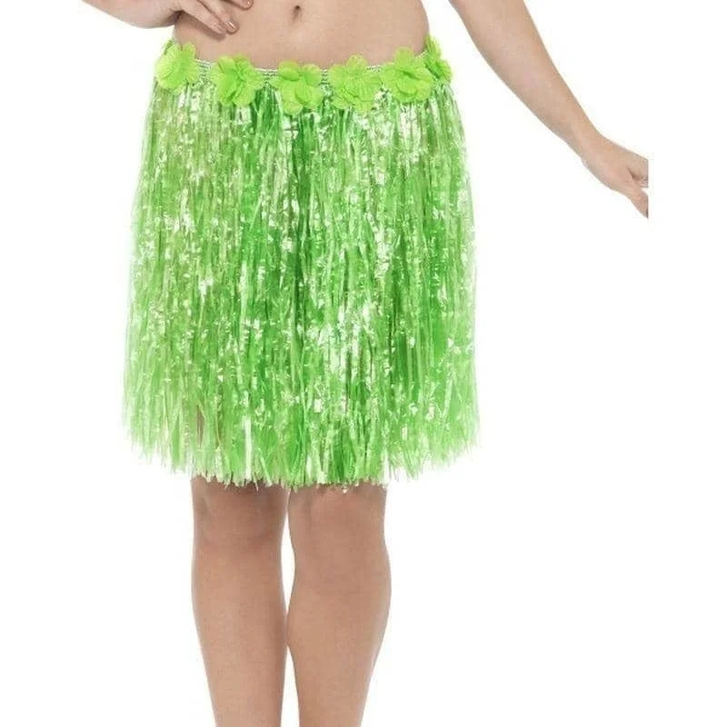 Hawaiian Hula Skirt With Flowers Adult Neon Green chiffon skirt flowing