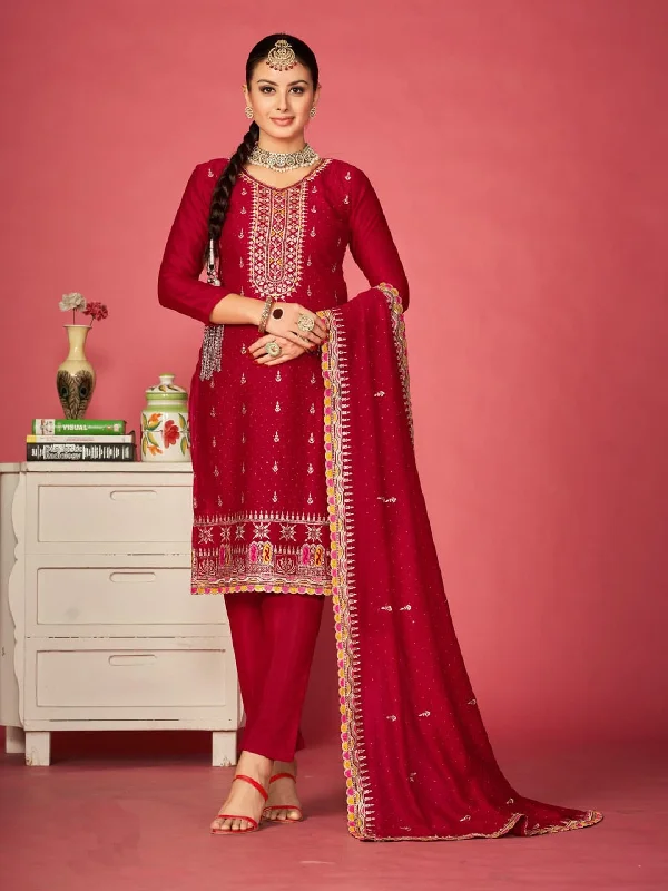 Maroon Traditional Designer Semi-Stitched Pant Suit With Embroidery Diamond Work Trendy Work Pants