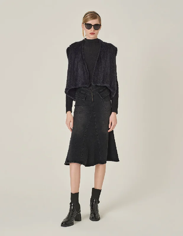 MARYLING Smoke Black Washed Denim Fishtail Knee-Length Skirt ribbed skirt waist
