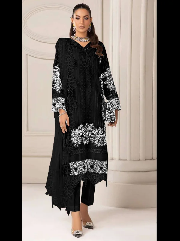 Black Georgette Trendy Designer Semi-Stitched Pant Suit With Prittified Embroidery Work Casual Sweatpants Style