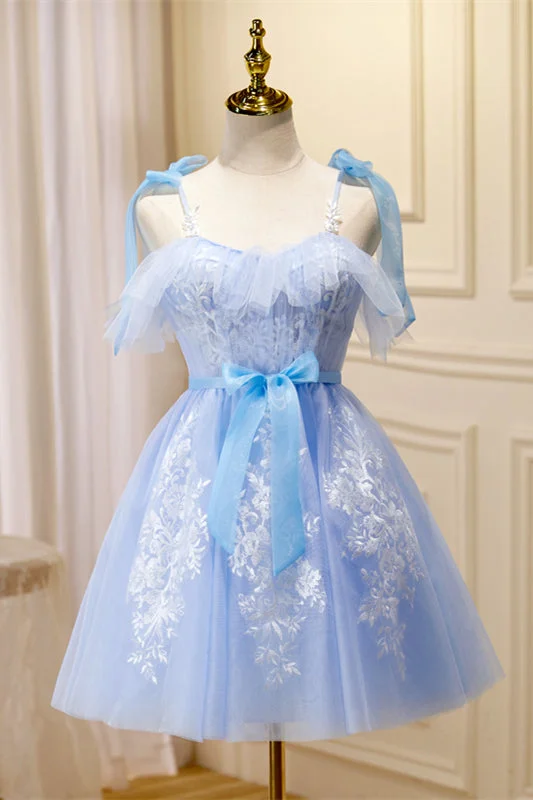 Sky Blue Flaunt Off-the-Shoulder Bow Tie Appliques Homecoming Dress