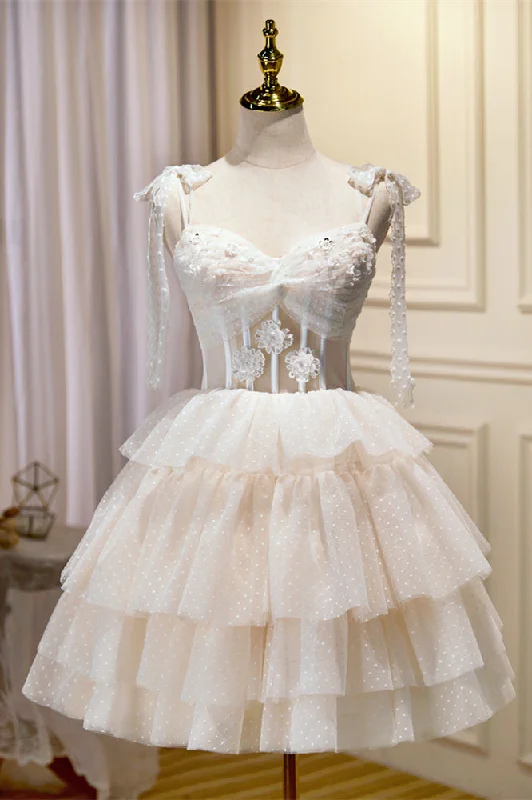 Ivory Bow Tie Twisted Appliques Multi-Layers Dots Homecoming Dress