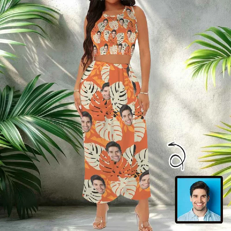 Custom Face Orange Leaves Beach Outfits Dress Personalized Women's Crop Tank Top & High Waist Skirt Sets striped tank top
