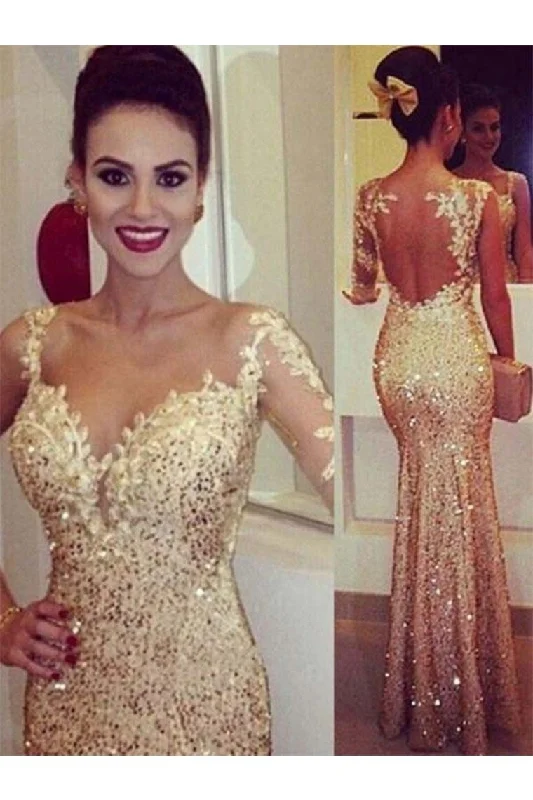 Scoop Mermaid Prom Dresses Sequins With Applique Floor Length Long Sleeves