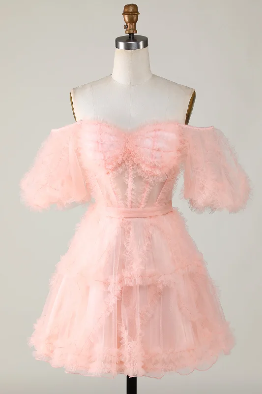 Blush Pink A-line Off-the-Shoulder Ruffled Puff Sleeves Homecoming Dress