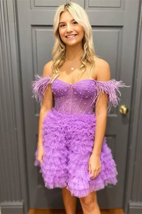 A Line Off the Shoulder Light Purple Short Homecoming Dress with Feather