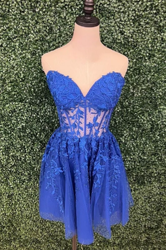 Royal Blue Strapless Appliques A-line Homecoming Dress
