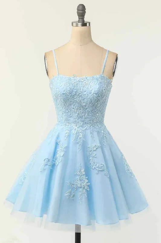 Light Blue A-line Spaghetti Straps Lace-Up Back Applique Mini Homecoming Dress