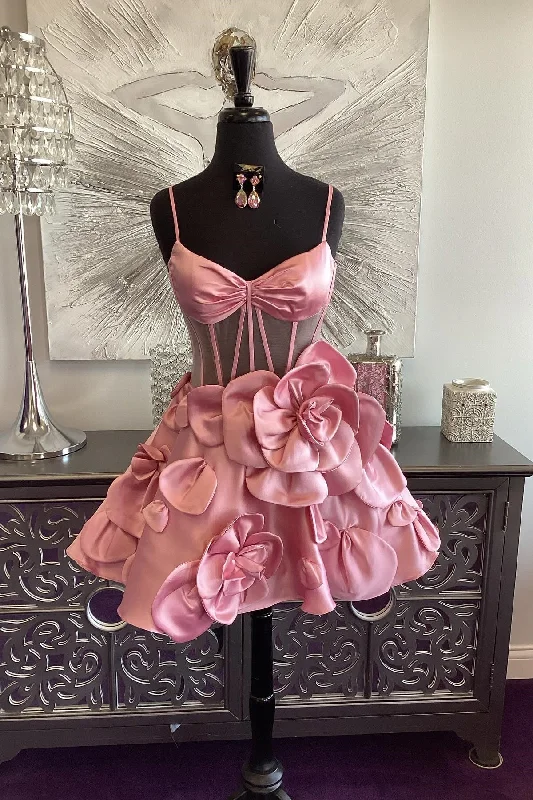 Sweetheart A-line Spaghetti Straps Satin Appliques Mini Homecoming Dress