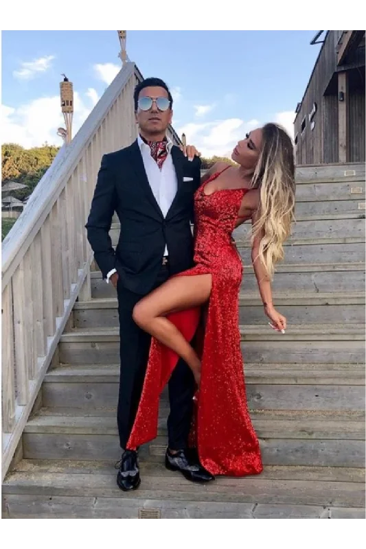 Sheath Spaghetti Straps Backless Sexy Sequined Prom Dress With Split