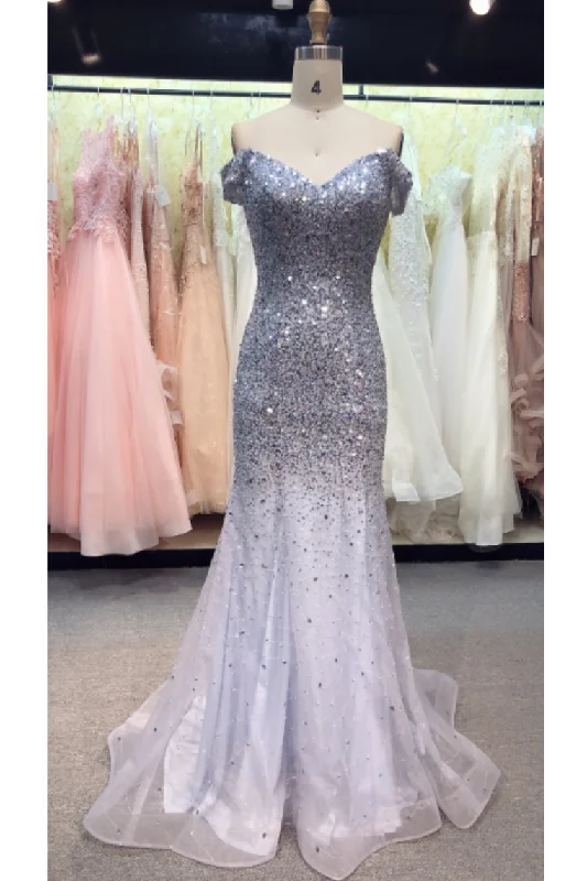 Prom Dress Off The Shoulder Sweep Train Mermaid Tulle Beads&Sequins