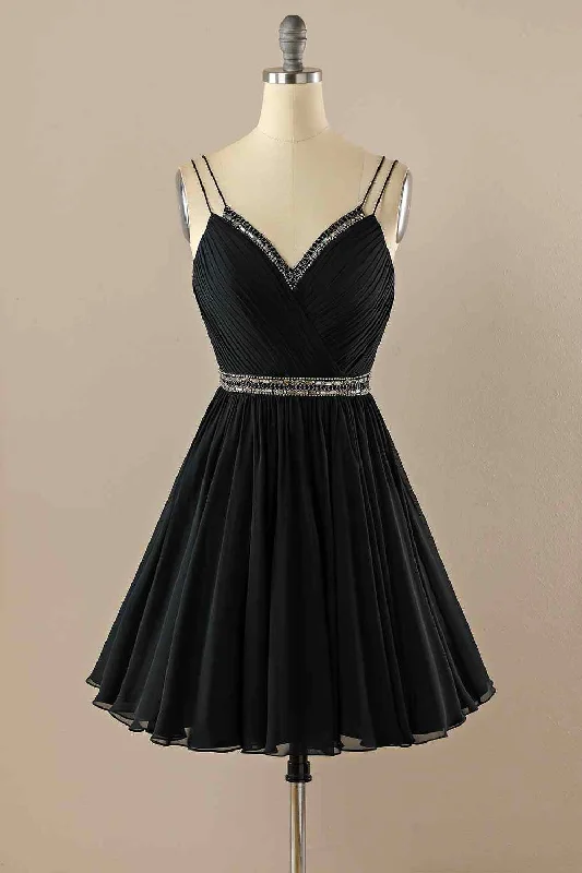 Black A-line Double Straps Pleated Beaded Chiffon Mini Homecoming Dress
