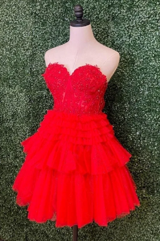 Red Strapless Appliques A-line Multi-Layers Homecoming Dress