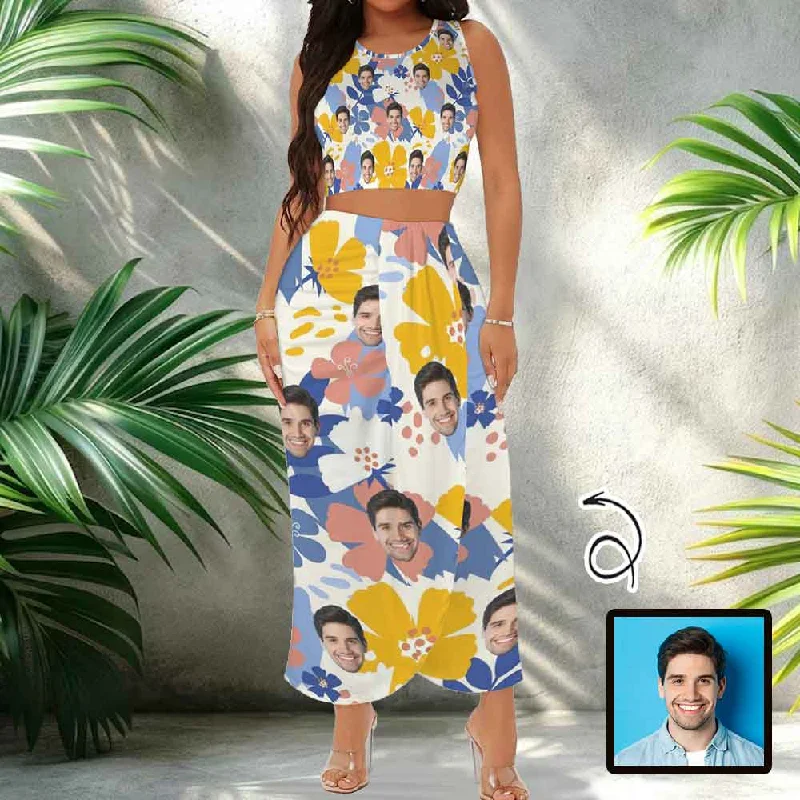 Custom Face Colorful Flowers Beach Outfits Dress Personalized Women's Crop Tank Top & High Waist Skirt Sets vintage tank top