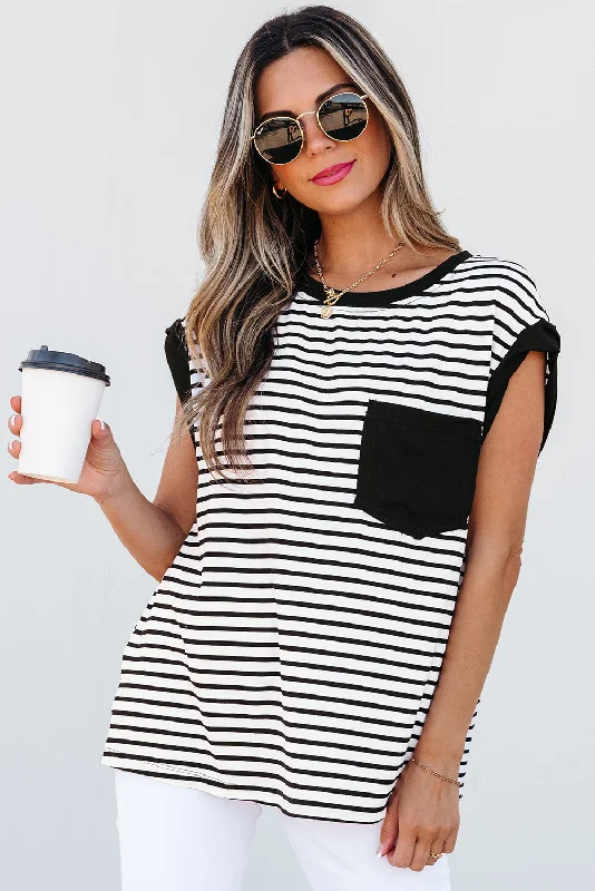 Black Stripe Chest Pocket Patch Round Neck Tank Top striped tank top