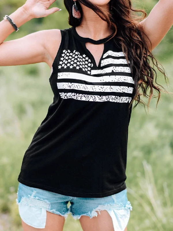 American Flag Print Cutout Tank Top in Black layering tank top