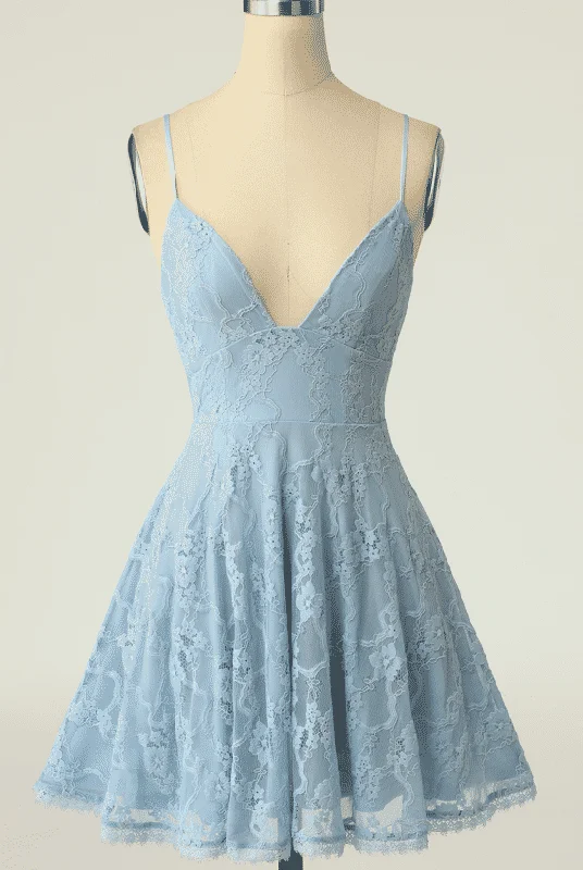 Sky Blue A-line V Neck Lace-Up Back Lace Mini Homecoming Dress