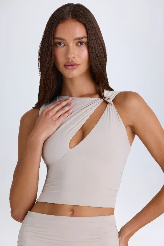 Twisted Cut-Out Tank Top in Taupe glitter tank top