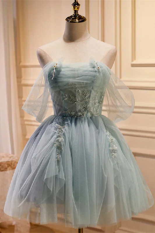 Dusty Sage Off-the-Shoulder Beaded Pleated Homecoming Dress