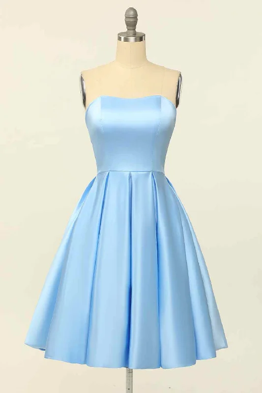 Blue A-line Strapless Satin Mini Homecoming Dress