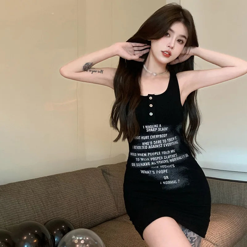 Znbbw Sleeveless Short Skirt Casual Printing Versatile Strap Tank Top Black Dress off shoulder tank