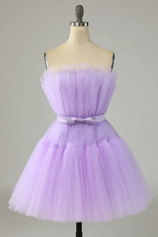 Lilac A-line Strapless Voluminous Tulle Mini Homecoming Dress with Sash