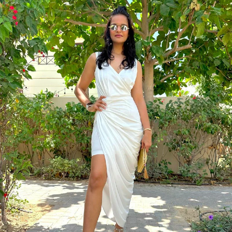 White Sleeveless Drape Dress