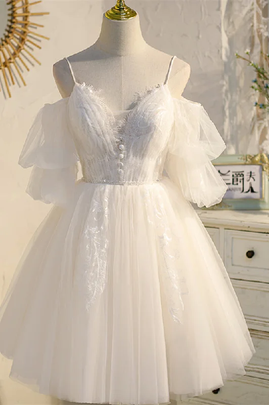 Champagne Off-the Shoulder Puff Sleeves Lace Beaded Homecoming Dress