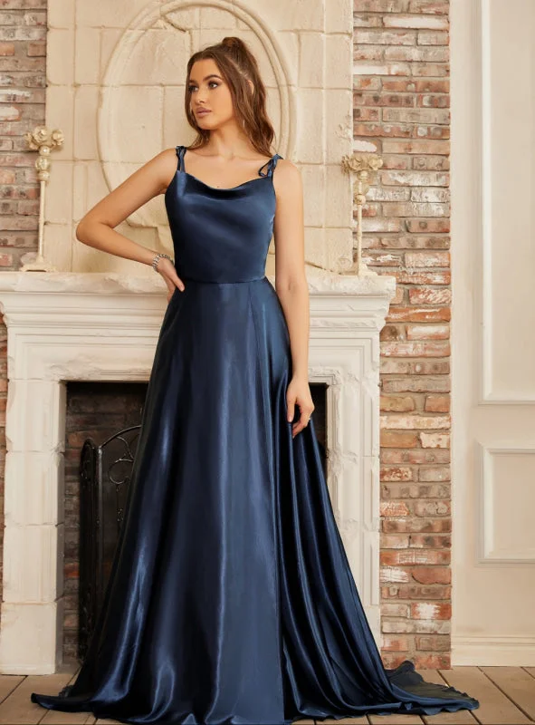 Elegant Dark Navy A-Line Spaghetti Straps Sleeveless Satin Prom Dresses
